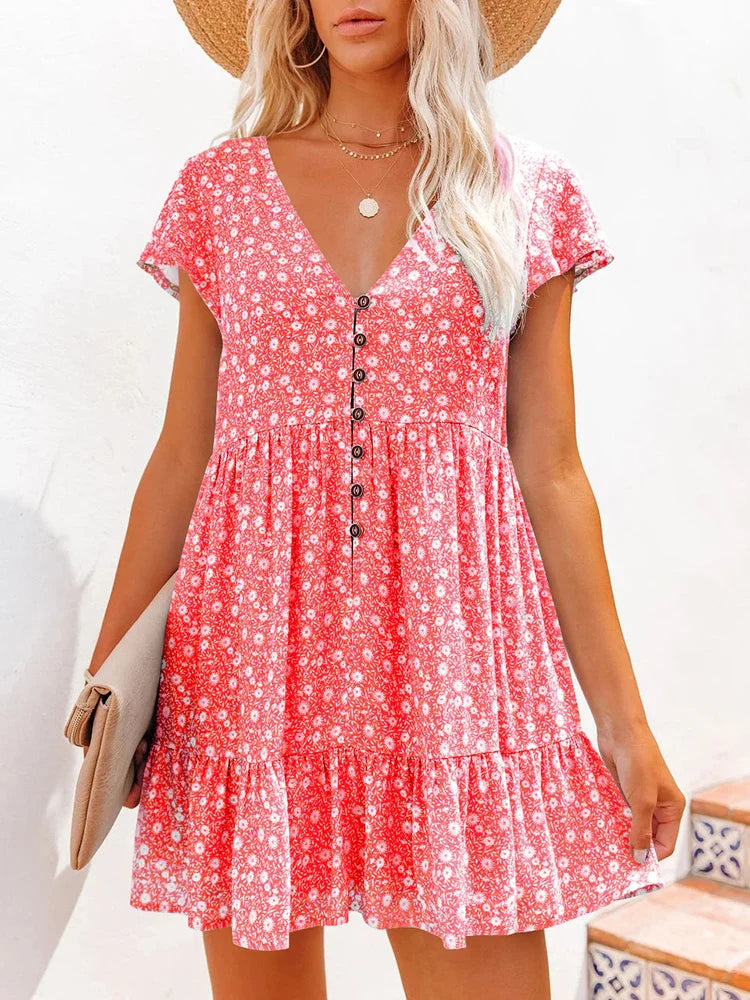 Damen Sommer Blumen V-Ausschnitt A-Linien Minikleid