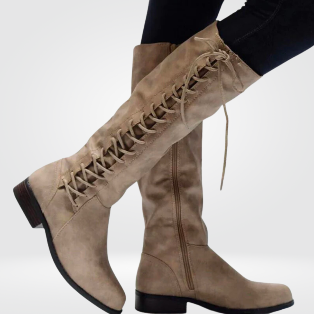 Damen Stiefel mit Lederoptik, Blockabsatz, Reißverschluss und Schnürung