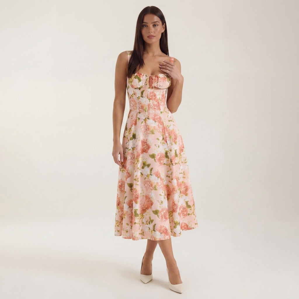 Damen Midikleid mit Blumenmuster Hochzeitsgastkleid