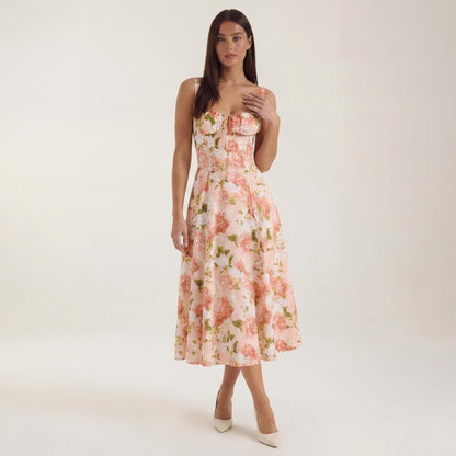 Damen Midikleid mit Blumenmuster Hochzeitsgastkleid