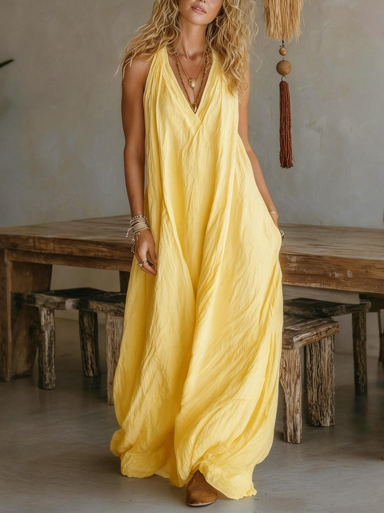 Fließendes Eleganz ärmelloses Maxi-Kleid mit V-Ausschnitt