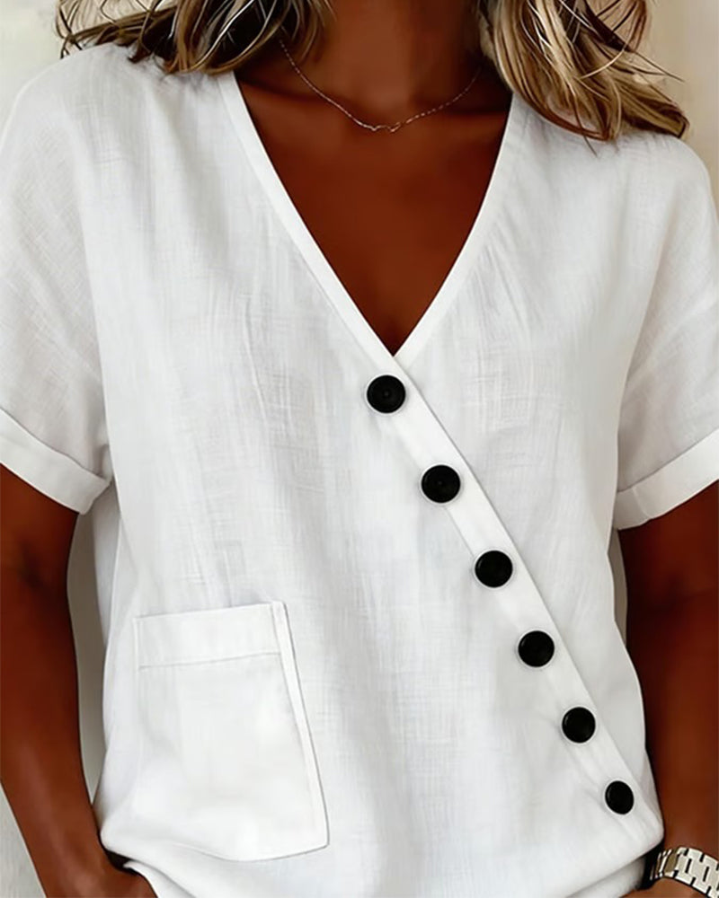 Baumwollbluse mit V-Ausschnitt und diagonaler Knopfleiste
