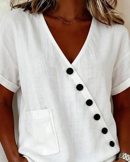 Baumwollbluse mit V-Ausschnitt und diagonaler Knopfleiste