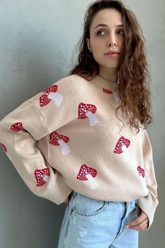 Gemütlicher Pilz-Jacquard-Strickpullover