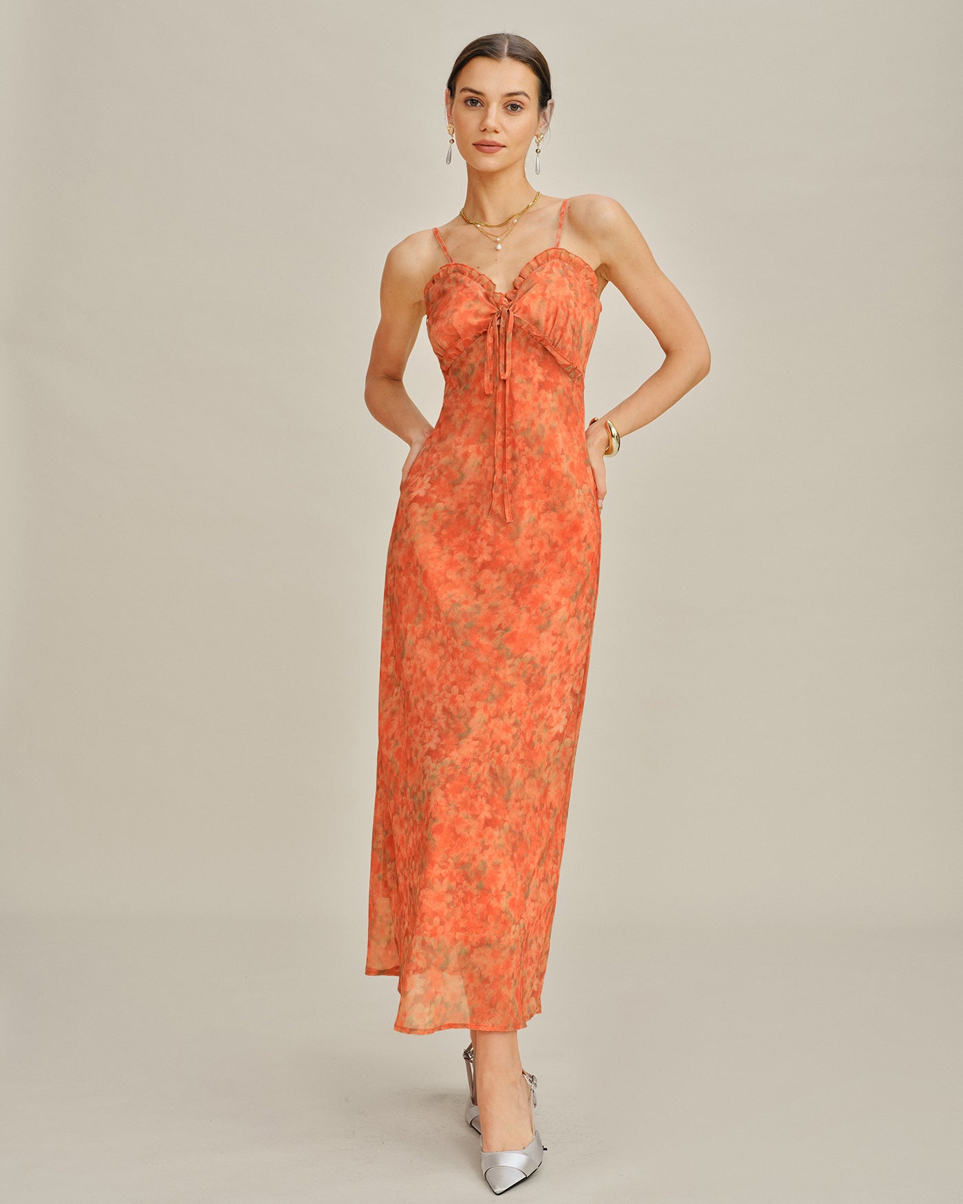 Orangefarbenes Blumenmuster A-Linien Trägerkleid