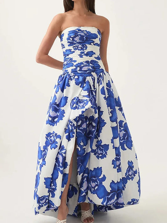 Maxikleid mit Blumenmuster, Carmen-Ausschnitt und gerafftem Saum