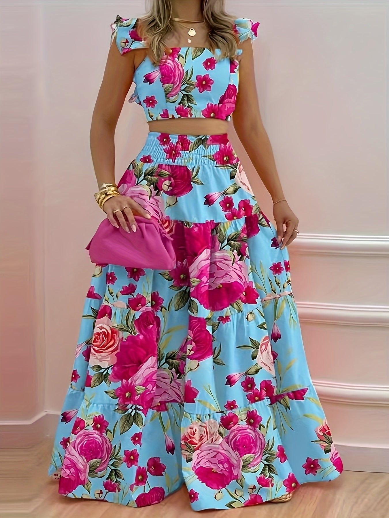 Blumiges Rüschen-Bustier-Top und ausgestelltes Maxirock-Set