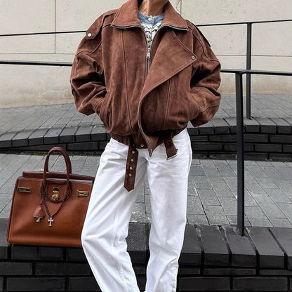 Oversize Bomberjacke im Wildleder-Look mit asymmetrischem Reißverschluss