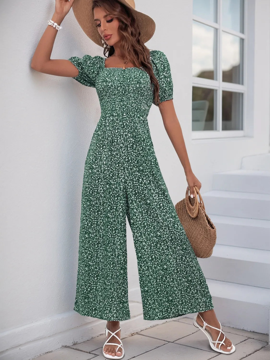 Damen Jumpsuit mit bedrucktem Karree-Ausschnitt und Puffärmeln