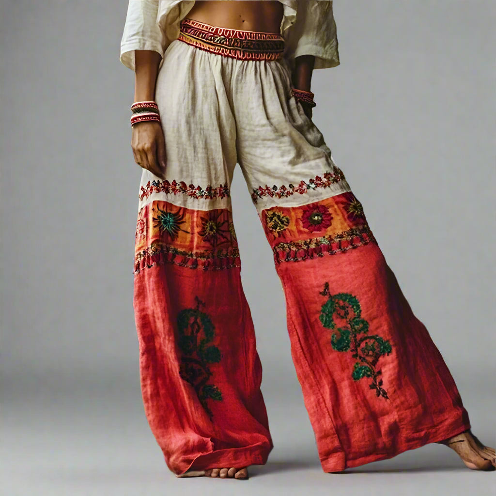 Boho Leinen-Mix Hose mit weitem Bein und Ethno-Blumenmuster