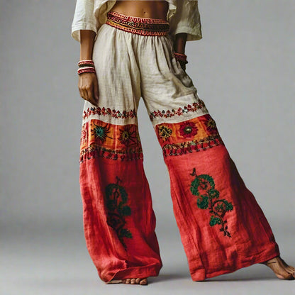Boho Leinen-Mix Hose mit weitem Bein und Ethno-Blumenmuster