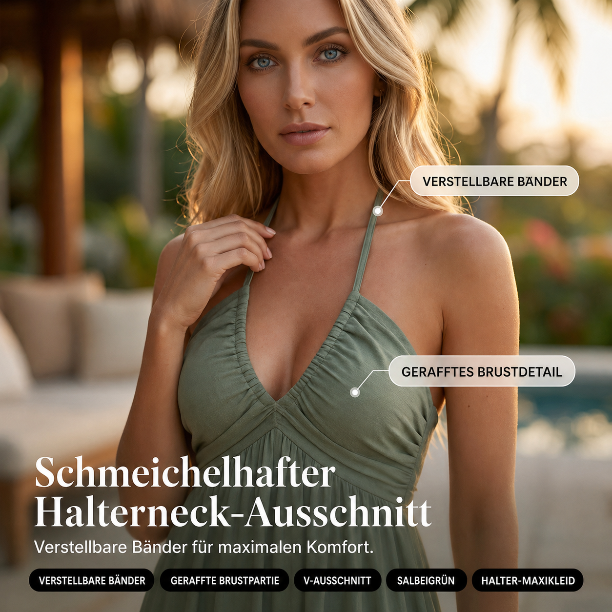 Rückenfreies Maxikleid mit Neckholder und fließendem Fall