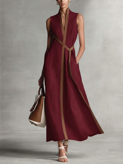 Damen ärmelloses Kleid mit Stehkragen aus Baumwoll-Leinen, leger
