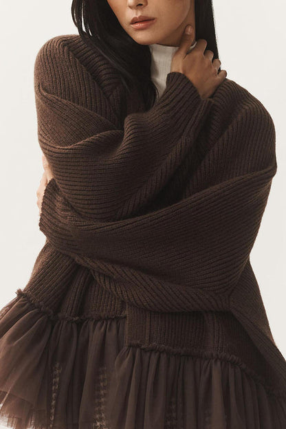 Mesh-Rüschen-Strickcardigan mit langen Ärmeln