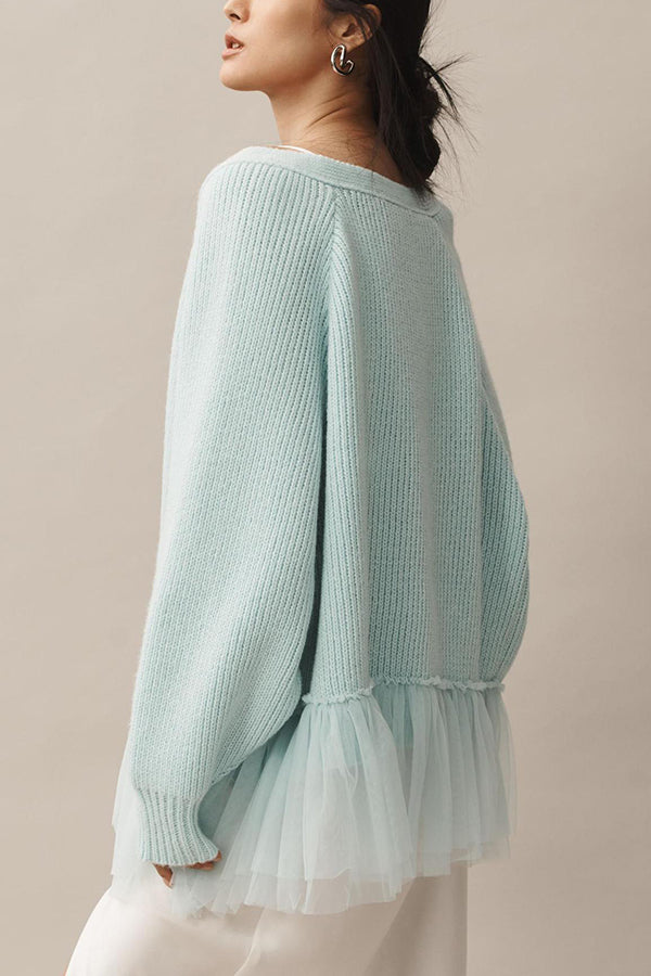 Mesh-Rüschen-Strickcardigan mit langen Ärmeln
