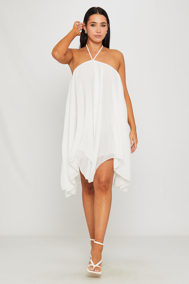 Weißes Chiffon-Halfter-Asymmetrisches Mini-Kleid