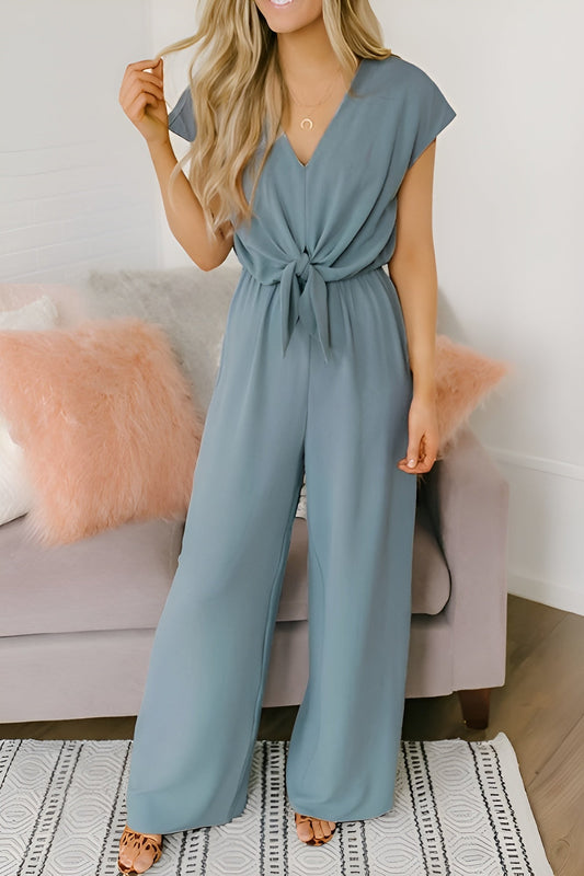 Rückenfreier Damen-Jumpsuit mit tiefem V-Ausschnitt, weitem Bein und Taschen