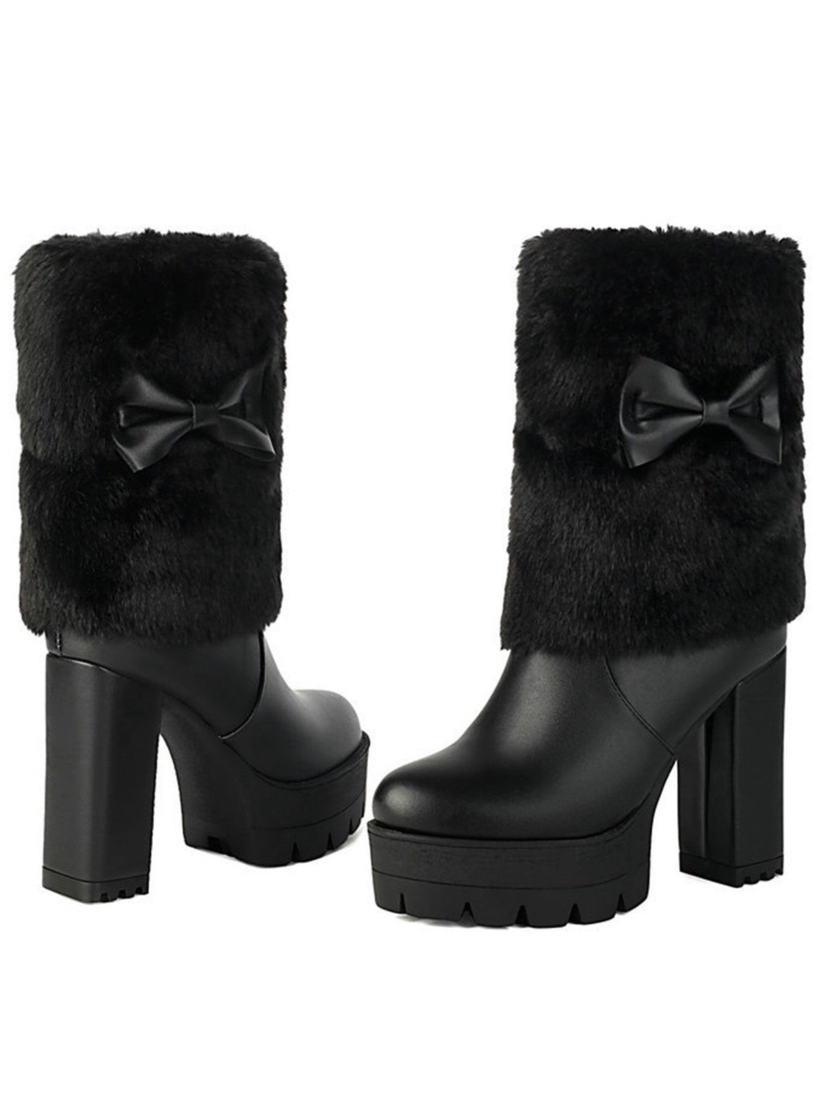 Plüschstiefel mit klobigem Absatz und Vintage-Schleifenakzent