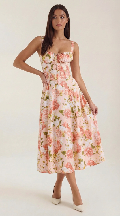 Damen Midikleid mit Blumenmuster Hochzeitsgastkleid