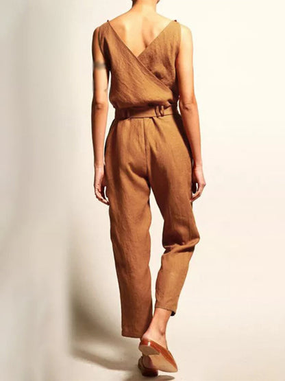 Damen Casual Jumpsuit mit V-Ausschnitt und Gürtel