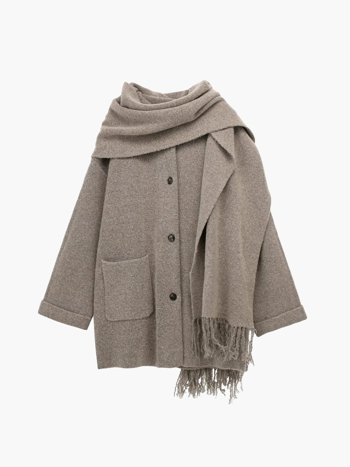 Moderner Mantel mit durchgehender Knopfleiste und passendem Quasten-Schal-Set
