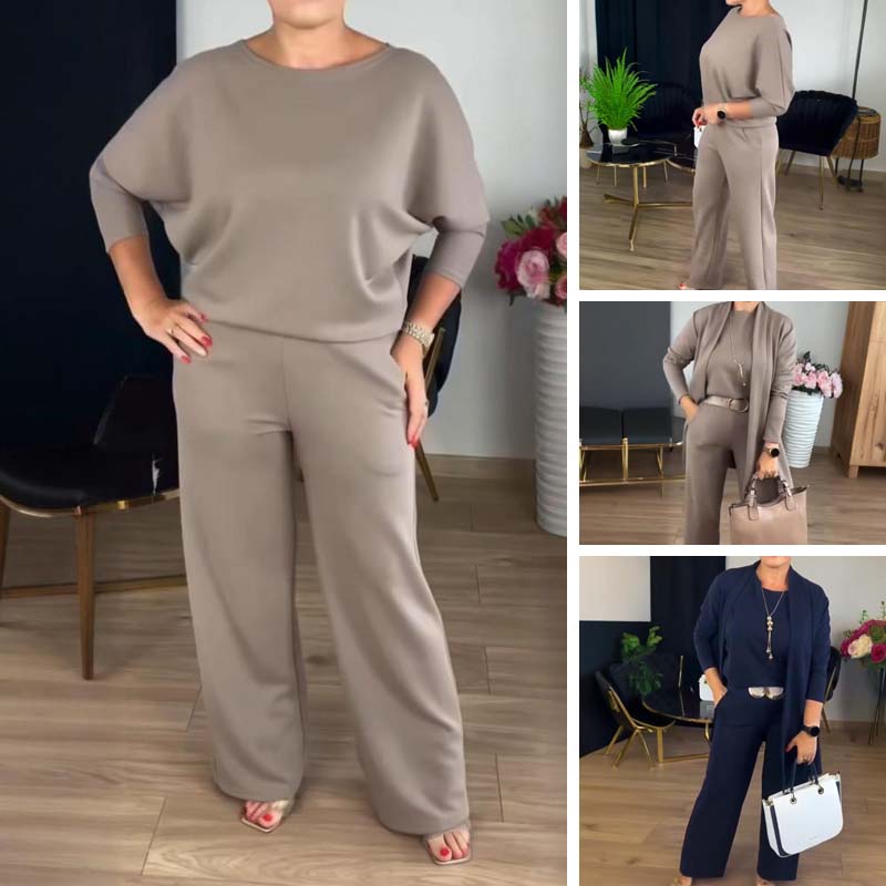 Schickes 3-teiliges Set aus langer Strickjacke, Top und Hose