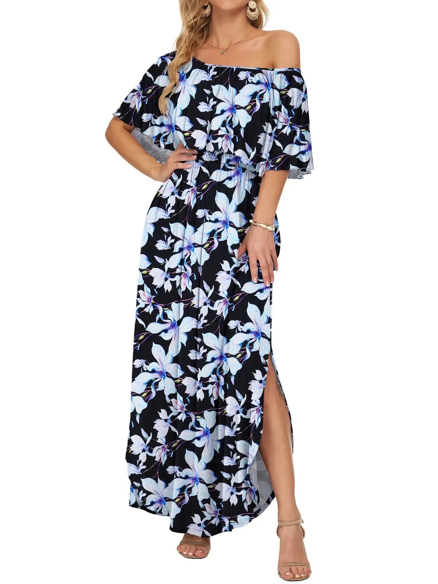 Damen Blumiges Schulterfreies Sommer-Maxikleid