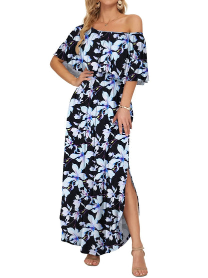 Damen Blumiges Schulterfreies Sommer-Maxikleid