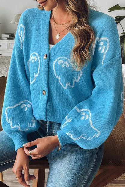 Gemütlicher gestrickter Halloween-Geister-Pullover mit Knopfleiste