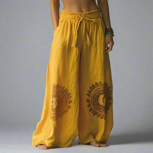 Boho Leinen-Mix Hose mit weitem Bein und Ethno-Blumenmuster