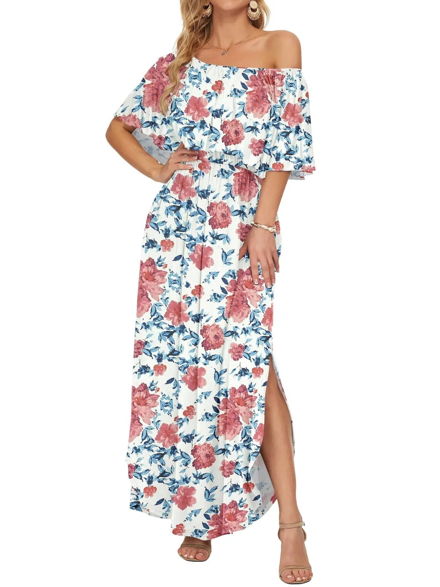 Damen Blumiges Schulterfreies Sommer-Maxikleid