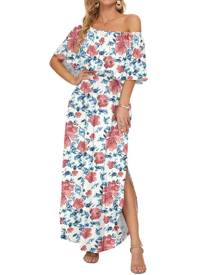 Damen Blumiges Schulterfreies Sommer-Maxikleid