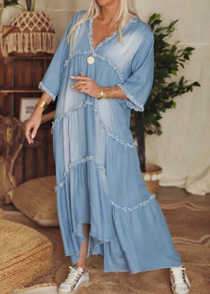 Marga® | Schickes Marineblaues Denimkleid mit V-Ausschnitt, Patchwork und Quasten
