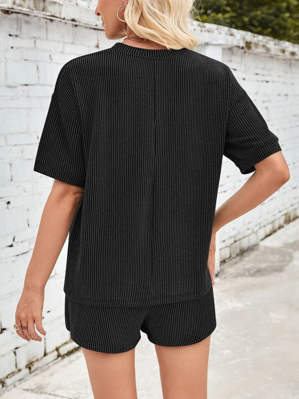 Damen Rundhals Halbarm Oberteil und Shorts mit Kordelzug Set