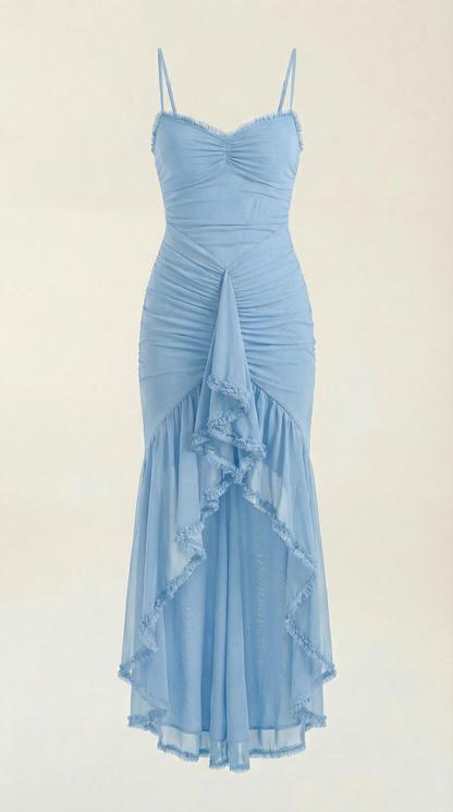 Damen Maxikleid mit Volants und asymmetrischem Saum