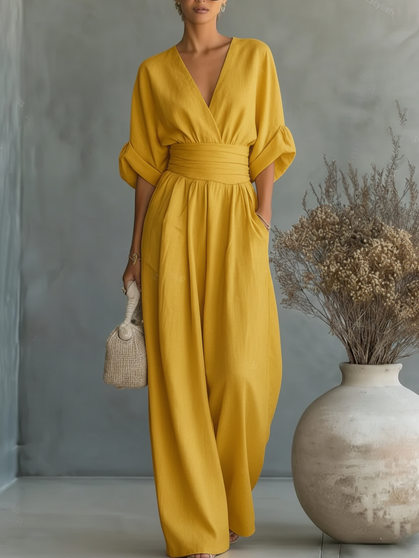 Eleganter Overall mit V-Ausschnitt, hoher Taille und weitem Bein