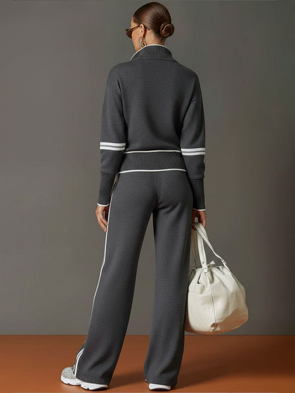 Pullover mit halbem Reißverschluss & Hose mit weitem Bein Set