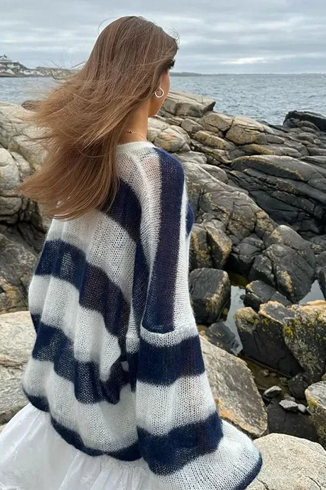 Gestreifter V-Ausschnitt Lockerer Strickcardigan