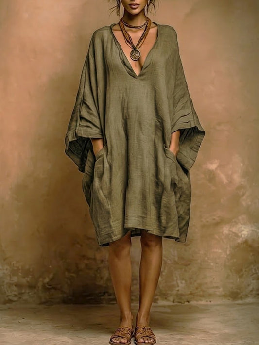 Locker sitzendes Midi-Kleid mit V-Ausschnitt für Damen