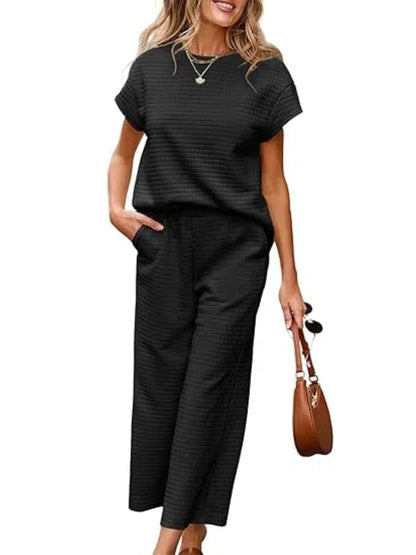 Strukturierter zweiteiliger Lounge-Set mit weitem Bein-Hose