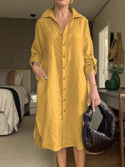 Lässiges Baumwoll-Leinen-Kleid mit Rüschen und quadratischem Ausschnitt