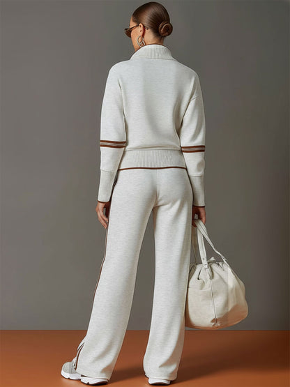 Pullover mit halbem Reißverschluss & Hose mit weitem Bein Set