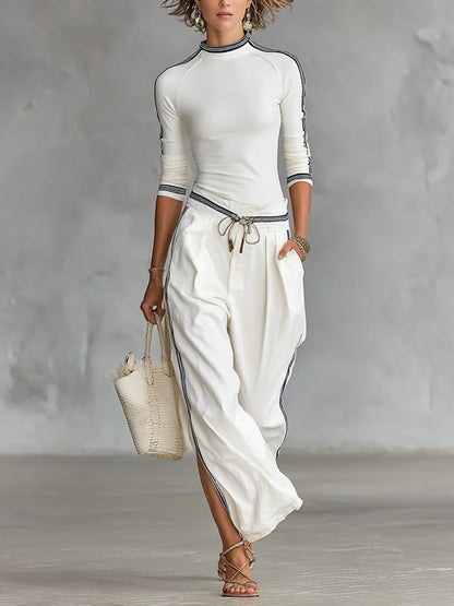Damen Set aus gemütlichem Stretch-Strickoberteil und Leinen-Baumwollhose