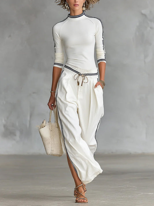 Damen Set aus gemütlichem Stretch-Strickoberteil und Leinen-Baumwollhose