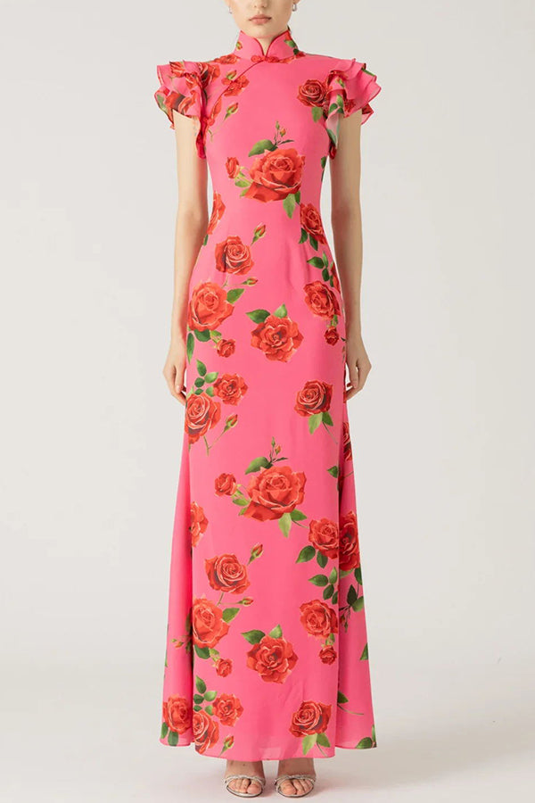 Floral Cheongsam Maxikleid mit eleganten ausgestellten Ärmeln