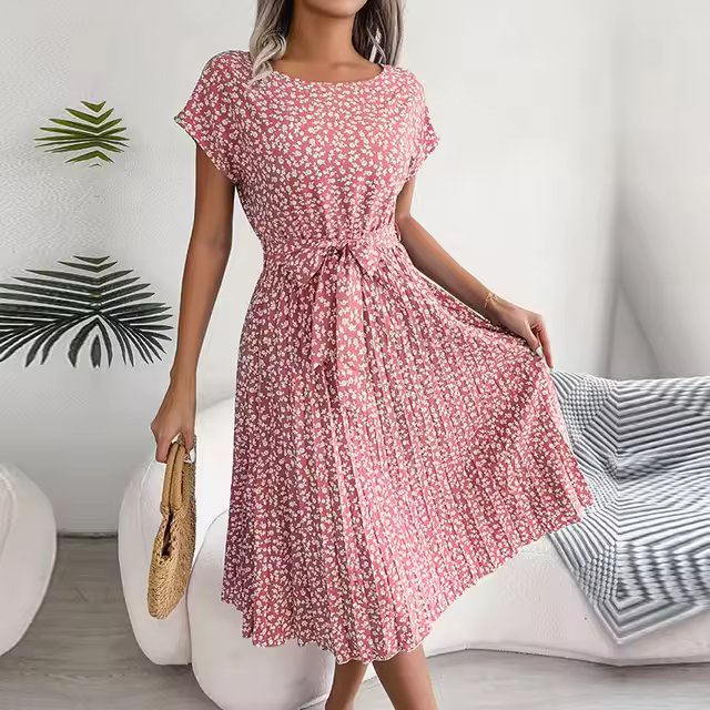 Geblümtes Plissee A-Linien Maxikleid