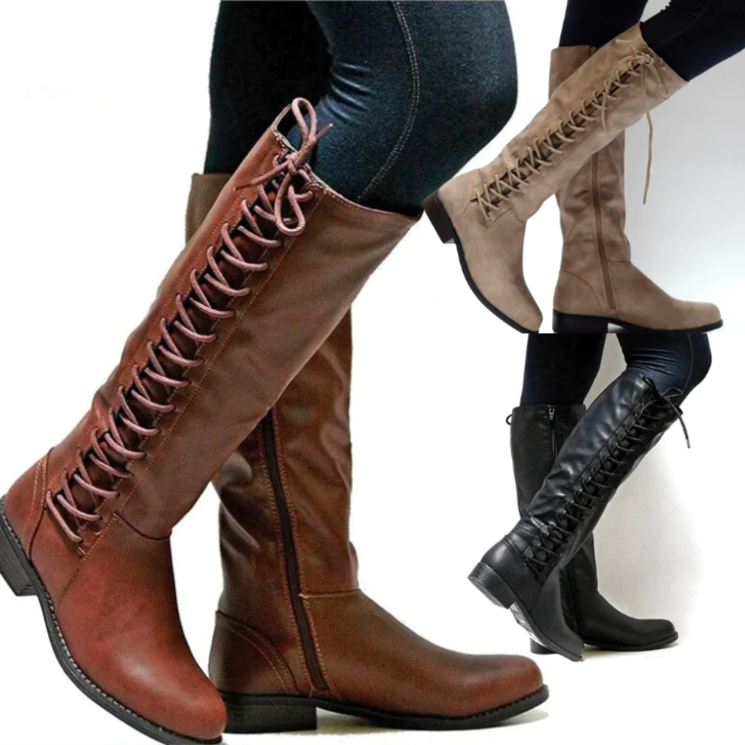 Damen Stiefel mit Lederoptik, Blockabsatz, Reißverschluss und Schnürung