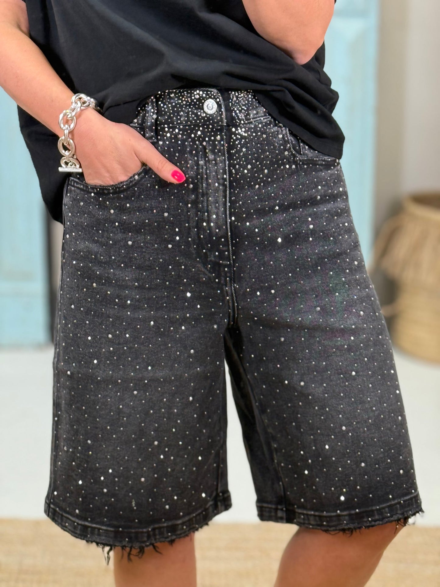 Verzierte Denim Bermuda-Shorts