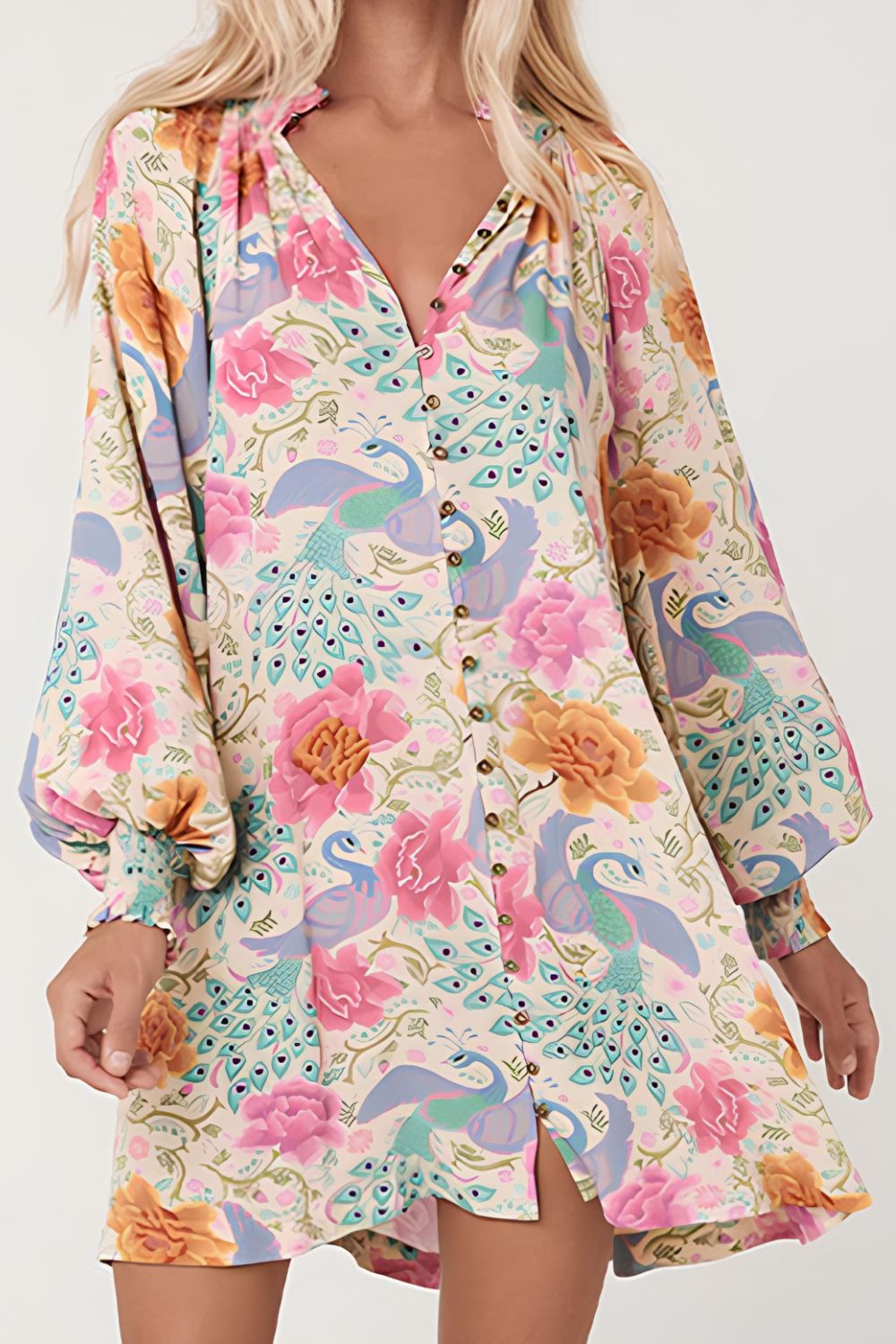 Oli® | Bedrucktes Kleid mit ausgeschnittenem Ausschnitt und Laternenärmeln