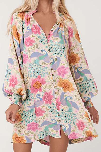 Oli® | Bedrucktes Kleid mit ausgeschnittenem Ausschnitt und Laternenärmeln